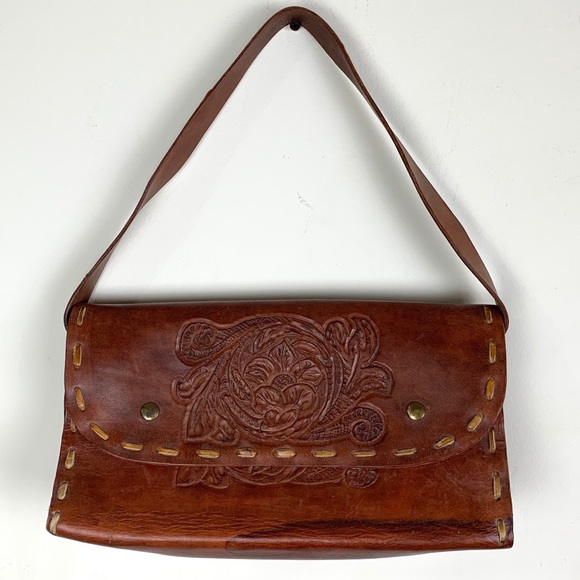 Vintage Handbags - Vintage Hand Tooled Leather Shoulder Bag Boho